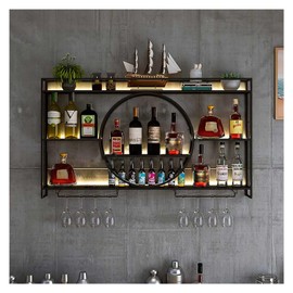 Wine Rack Wall Mounted 3 Tier Metal, Floating Shelves For Kitchen With LED Light, Hanging Floating Bar Liquor Bottles Bar Wall Shelves, Liquor Bar Display Shelf, For Home Bars Kitchen(Black,100x80x15c