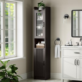 MXARLTR 71'' Tall Bathroom Cabinet, Narrow Slim Storage Cabinet, Freestanding Fluted Floor Linen Tower for Small Space Bathroom Oragnizer for Living Room Kitchen (Espresso)