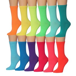 Tipi Toe Women's 12-Pairs Lightweight Orange Yellow Green Fun Light Colored Crew Socks, WC90-T1