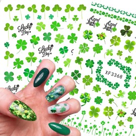 POWPOP Shamrock Nail Stickers, 3D Self-Adhesive Acrylic Clover Irish Nail Decals, Green Lucky Clover Nail Art Supplies for Women DIY Manicure Decorations