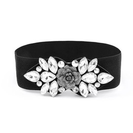 Sethexy Rhinestone Elastic Belt Black Crystal Wide Stretch Women's Belts Flower Cinch Belts for Dress