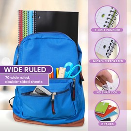 Spiral Notebooks, 1-Subject Notebook, Wide Ruled Notebooks - 70 Sheets - 3 Hole Punched, Subject Notebooks for School Classroom, Home, Office - Perforated Pages, Assorted Colors - (2 Pack)