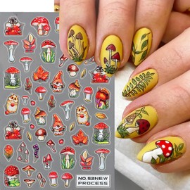 6 Sheet Maple Leaf Nail Art Stickers Decals Fall Leaf 3D Nail Self-Adhesive Sticker Designs Autumn Leaves Pumpkin Mushroom Nut Squirrel Nail Transfer Decal for Thanksgiving Women Manicure Decorations