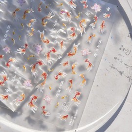 5D Embossed Nail Stickers for Nail Art Koi Fish & Lotus Leaf Design Nail Art Stickers Spring Summer Nail Decals Goldfish Nails Supply Self-Adhesive Manicure Decoration for Women