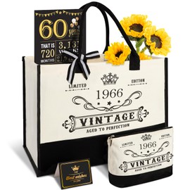 60th Birthday Gifts for Women Canvas Tote Bag Travel Gear, 60 Years Old Birthday Gifts for Mom Wife Friends, Vintage 1966 Handbag & Cosmetic Bag & Birthday Poster