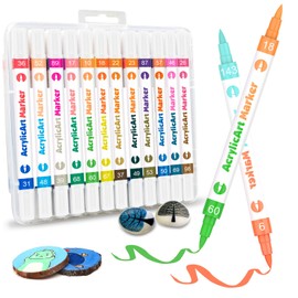48 Colors Dual Tip Dual Color Acrylic Paint Pens Markers，Seamless Color Switching，Portable Box,Medium Tip Acrylic Markers for Paintings,Fabric,Canvas,Stone,DIY Crafts Making Art Supplies