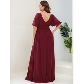 Ever-Pretty Plus Womens V-Neck Puffy Sleeves Empire Waist Ruched Bust A-Line Slit Maxi Plus Size Formal Dress Burgundy US18