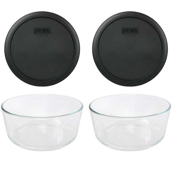 Pyrex (2) 7203 Glass Bowls & (2) Pyrex 7402-PC Black