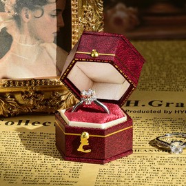 TAIMY Classical Victorian Style Wedding Tiny Ring Box, Handcrafted Gift Ring Box Proposal Pocket Size Small Keepsake Jewelry Box (Red, Hexagon)