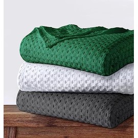 Tribeca Living Chunky Waffle Weave Cotton Blanket Queen Size, Garment Washed Soft Light Weight Breathable Oversized Blanket for All Season, Vienna/Emerald Green