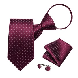 DiBanGu Silk Zipper Ties for Men,Paisley Solid Plaid Pre-tied Tie and Pocket Square Cufflinks Set Formal Adjustable Necktie, Burgundy Red