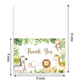 Jungle Safari Thank You Cards With Envelopes, 50 Jungle Animals Baby Shower Thank You Notes, 4 x 6 Thank You Cards Safari Baby Shower & Wild One Birthday Party