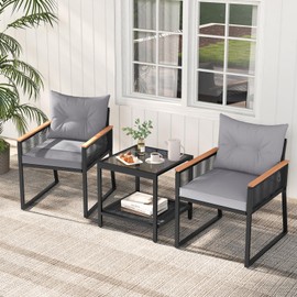 HAPPYGRILL 3 Pieces Patio Furniture Set PE Rattan Wicker Chairs with 2 Tier Coffee Table, Soft Back and Seat Cushions, Outdoor Conversation Set for Backyard, Garden and Poolside