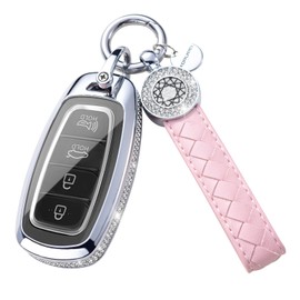 SHANGHONG for Hyundai Key Fob Cover with Keychain Genuine Leather Crystal Key Case Protector Compatible with 2022 2021 2020 Hyundai Sonata Santa fe Tucson (Model2, Pink)