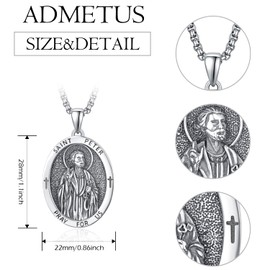 ADMETUS St Peter Medal Sterling Silver Saint Peter Necklace St. Peter Pendant Medal for Men Protection Jewellery Religious Gifts for Men