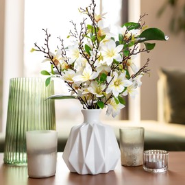 OBDXZHC 2 PCS 35inch Artificial Magnolia Flowers 3D Real Touch 12 Heads Faux Magnolia Flowers Realistic Long Stem with Green Leaves for Home Wedding Table Office Floral Arrangement Decoration (White)