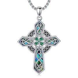 Suiknsn Shamrock Necklace 925 Sterling Silver Abalone Shell Christian Cross Pendant Four Leaf Clover Necklaces Jewelry St Patricks Birthday Gifts for Men Women
