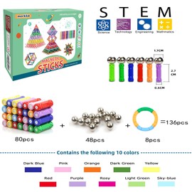 morkka 136 Pieces Puzzle Magnetic Building Blocks Toy Magnetic Building Kit Montessori Education Toy for Children Play Stacking Game with Magnetic Bricks and Sticks