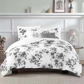 Wonderful Cotton Comforter Set King Size, 5 Pieces Grey and White Floral Comforter Bedding Sets with Pillow Shams, Lightweight Comforter Bed in a Bag for All Season