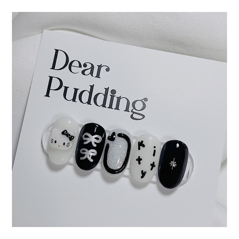 [Handmade Nail Tips] Black Cat Nail Tips - Long Oval