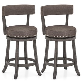 COSTWAY Bar Stools Set of 2, Upholstered Farmhouse Bar stools w/Cushioned Seat & Backrest, Solid Wood Legs, Footrest, 26” Counter Height Swivel Stools for Kitchen Island, Pub (2, 26'' Seat Height)