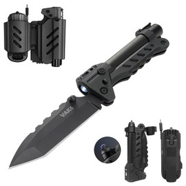 VIPERADE VAK6 Multiherramienta de supervivencia con cuchillo plegable, linterna LED, encendido por pulso y generador de manivela, cuchillo multiherramienta para campamento, linterna recargable con funda para cinturón