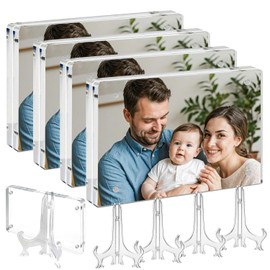 YUANQIAN 4Pack 6x4 Inch Crystal Clear Acrylic Magnetic Photo Frame with Stand - Frameless Double-Sided Display for Home/Office Decor, Floating Lucite Cube Design, Waterproof & Shatter-Resistant (4)