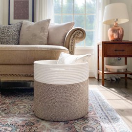 Goodpick Large Cotton Rope Basket 15.8"x15.8"x13.8"-Baby Laundry Basket Woven Blanket Basket Nursery Bin