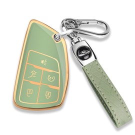 QBUC for Chevy Key Fob Cover with Keychain Soft TPU Protection Case Compatible with 2021-2026 Chevy Equinox Blazer Tahoe Suburban GMC Yukon Denali Silverado 5-Buttons(Gold Trim Green)