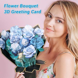 Flasoo Pop Up Flower Cards, Blue Rose Bouquet 3D Greeting Card Birthday Card for Women with Blank Notes and Envelope, Anniversary, Congratulations, Get Well Gifts Card for All Occasion