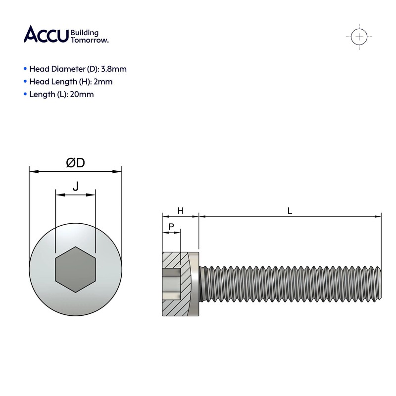 Accu - M2 x 20mm Full Thread Cap Head Screws