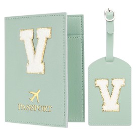 PATIKIL Passport Holder for Travel, Initial Passport Cover and Luggage Tag Set with Alphabet Chenille Letter Patch Travel Wallet Bag Suitcase Identifier for Women Family Travel Green V