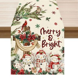 XCHI Snowman Christmas Cross Poinsettia Florals Winter Xmas Table Runner Table Decoration for Party Home Kitchen Dining Holiday Decor 13x72 Inch