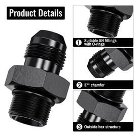 2Pcs 6AN Male to 6AN ORB Male Flare Fitting Adapter with O-Ring, Straight Black Hard Aluminum Hex Anodized Connector, Automotive Accessories Suitable for Vehicle Fuel Oil Line Modification