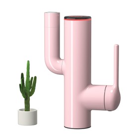Bathroom Sink Faucet, Cactus-Shaped, Single Hole with Water-Powered LED Temperature Display and Adjustable Outlet, 2 Water Flow Modes with Supply Hoses, No Battery, Pink Painted