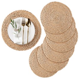 RUNTIVAN Round Woven Placemats Set of 6, Natural Water Hyacinth Place mats, 12 inch Rattan Placemats Wicker Placemats Farmhouse Boho Braided Heat Resistant Outdoor Placemat Patio Table Place Mats