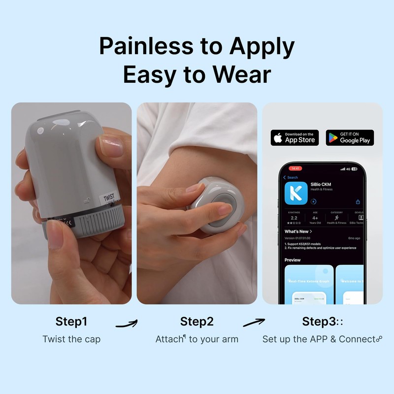 SIBIO KS3 Continuous Ketone Monitor - 14-Day Wearable Sensor for