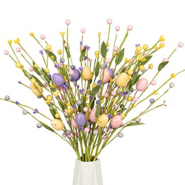 Yawwind 12 PCs Easter Table Flowers17 Inches Easter Eggs Flowers Easter Floral Stems with Colorful Eggs Berry for Home Vase Spring Indoors Decor