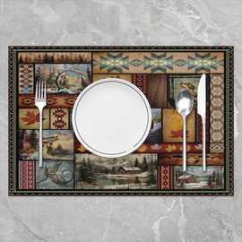 Feelyou Fishing and Hunting Table Mats Placemat 12"x18" Bass Fish Western Placemats Set of 4 Rustic Cabin Country Vintage Wood Placemats for Dining Table Indoor Outdoor Kitchen