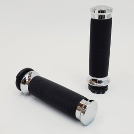 Chrome Billet Aluminum w/KNURLED Rubber Cushion 1" Motorcycle Grips for Single/Dual External Throttle Cable Harley Sportster, Softail, Dyna, FXR, FX/FL & Touring Models (NOT TBW Models) - Made in USA