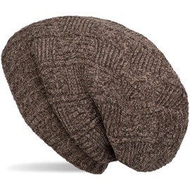styleBREAKER Unisex Chenille Beanie Hat with Braided Pattern and Fleece Lining, Winter Slouch Long Beanie 04024159, brown