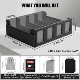 Kabinka Trading Card Storage Box with Commander Display, 4-Row Deck Case with Removable Lid; 2400+ Card Deck Box for MTG TCG Sports Card, 4 Toploaders, 4 Stoppers, 24 Dividers,1 Dice Bag (Black)