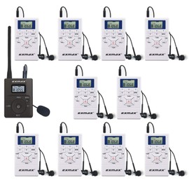 EXMAX E108 DSP Stereo Wireless Headsets FM Radio Broadcast System for Tour Guide Teaching Meeting Training Travel Field Interpretation 1 Transmitter & 10 Receivers (White)