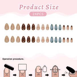 Calkkrer 24 Stück Almond Press On Nails, Falsche Nägel 3D Design, Künstliche Nägel In Braun Blau Und Nude, Glänzende Nagelspitzen, Falsche Nagelspitzen Nägel Zum Aufkleben