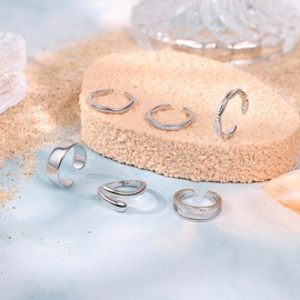 NICEIGHT 6Pcs 14K Gold Filled Toe Rings for Women Non Tarnish Silver Flower Hug Band Toe Rings Simple Adjustable CZ Twist Toe Ring Summer Beach Foot Jewelry for Women Sliver A