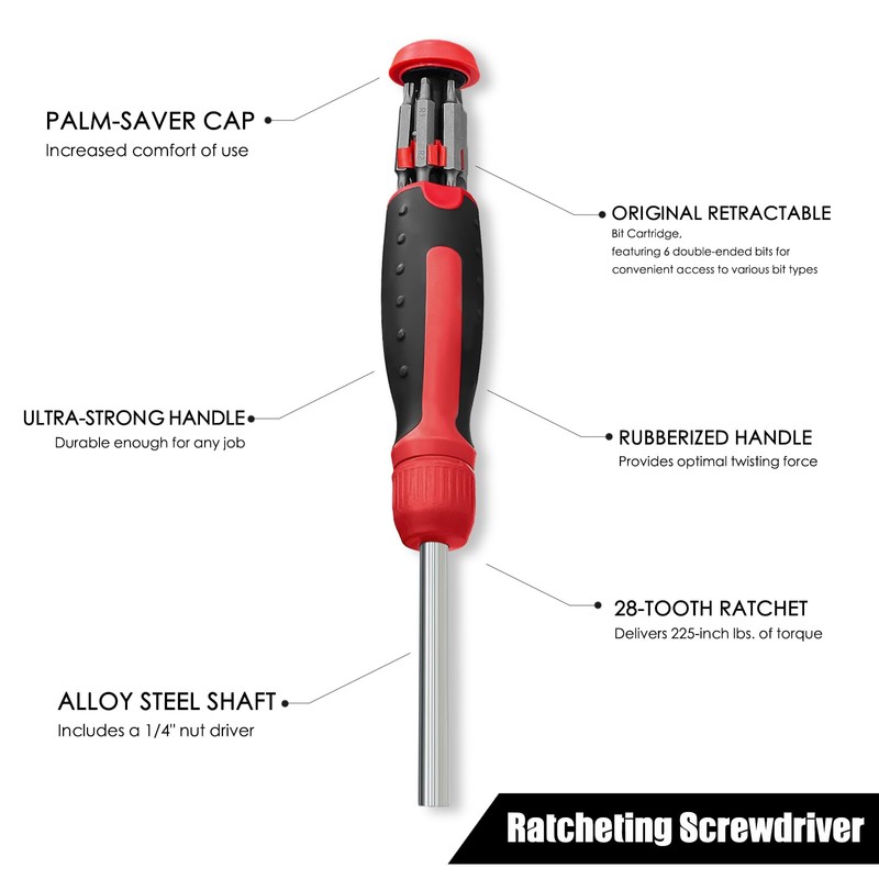 13-in-1 Ratcheting Screwdriver | Multi-Bit Storage | Retractable Cartridge |