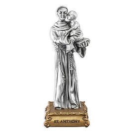 St. Anthony Fine Pewter Patron Saint Statue On Gold Tone Base, Made in The USA, 4-1/2"