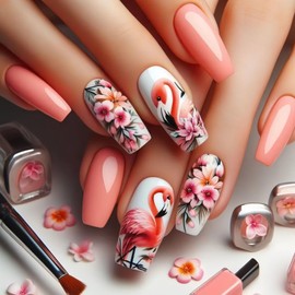 Valentine's Day Press on Nails Medium Coffin Fake Nails with Color Flower Design Flame Bird Glue on Nails Orange Red Full Cover False Nails Glossy Acrylic Valentines Nails Press ons for Girls 24Pcs