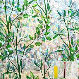 Window Privacy Film Stain Glass Window Film Rainbow Window Film Window clings Non-Adhesive Reusable Decorative for Room (Leaf Rainbow, 17.5 X 78.7 in)