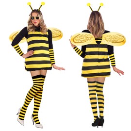 BITOWO Bienenkostüm Erwachsene Damen mit Haarreif Flügel Handschuhe Beinsocken Ohrringe Brille Bienen Kostüm Damen Bienen kleidung Kleid Kostüm Biene Damen für Faschingskostüm Biene Damen Verkleidung 130